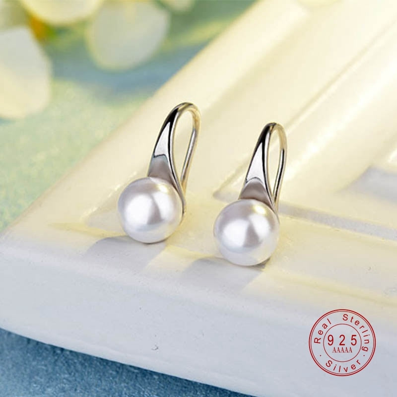 925 Sterling Silver Big Clear Pearl Earrings  Simple Round White Pearl Earrings Jewelry Classic Earrings For Women Elegant Gifts