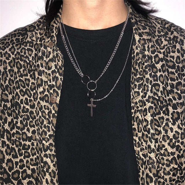 KMVEXO Multilayers Punk Chains Cross Necklace Couple Fashion Street Hip Hop Geometric Metal Pendant Necklaces for Women