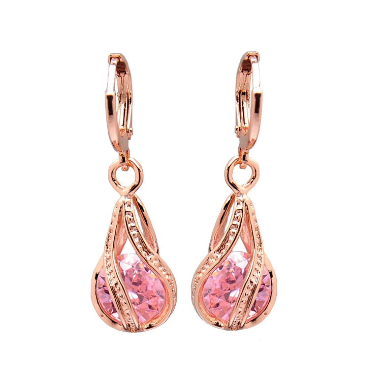 Elegant Pink CZ Crystal Earrings Rose Gold Color Hollow Out Drop Earrings for Women Wedding Party Costume Jewelry brincos Gift