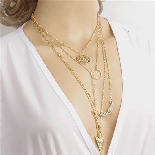 Mode chaude couleur or multicouche monnaie glands Lariat barre colliers perles ras du cou plume pendentifs colliers pour femmes Bijoux