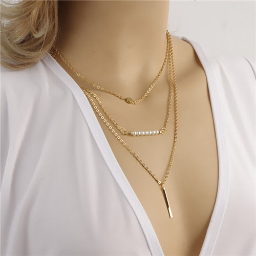 Mode chaude couleur or multicouche monnaie glands Lariat barre colliers perles ras du cou plume pendentifs colliers pour femmes Bijoux